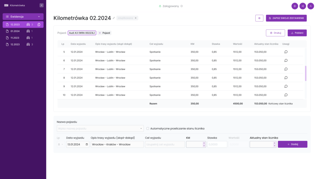 Program do ewidencji przebiegu pojazdu online - kilometrówka 2023
